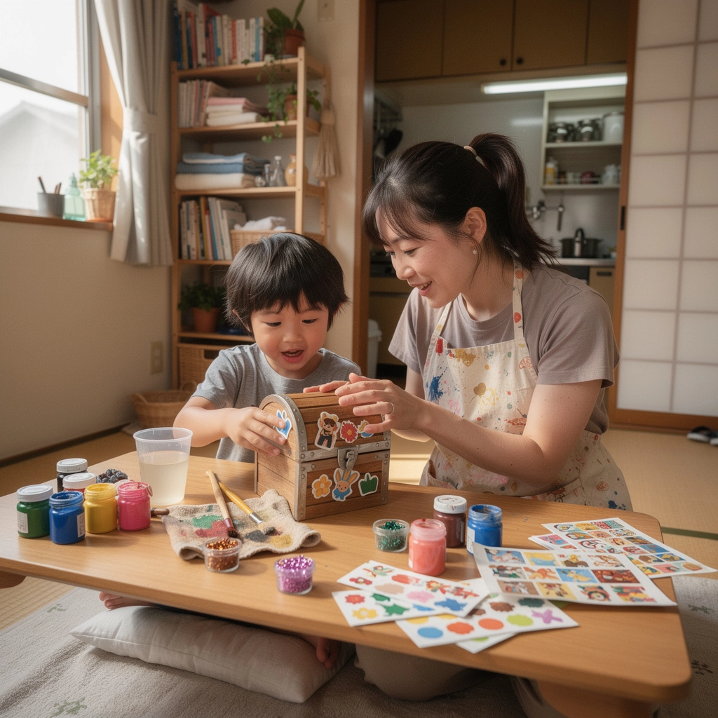 子供たちが楽しそうに工作をする様子の写真